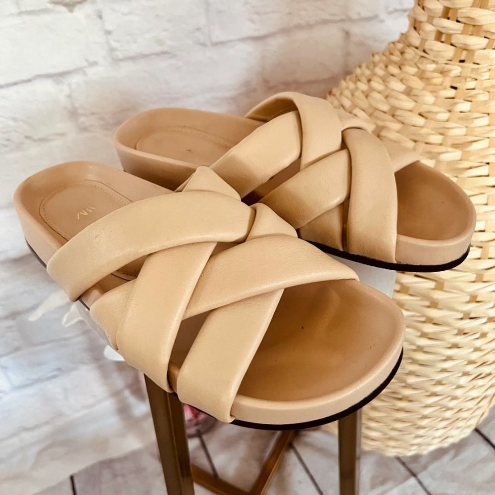 ZARA Leather Puff Braid Sandal Slides